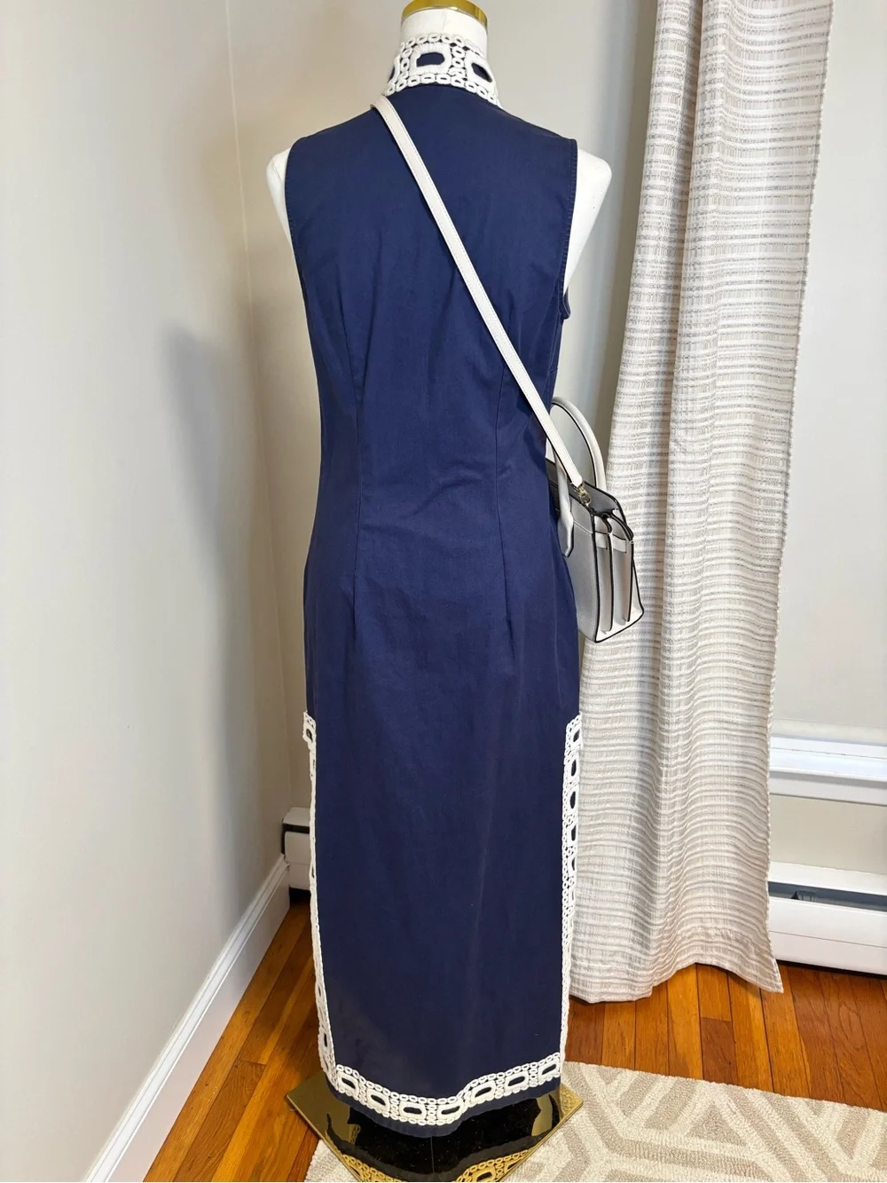 Sail to Sable Navy Maxi Dress White Crochet Trim Sleeveless Resort Dress Small - Picture 9 of 9
